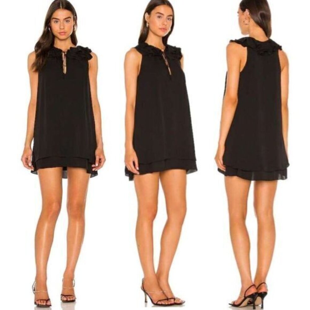 Amanda Uprichard Small Mini Dress Black Sleeveless V Neck Belle Ruffle Tie LBD